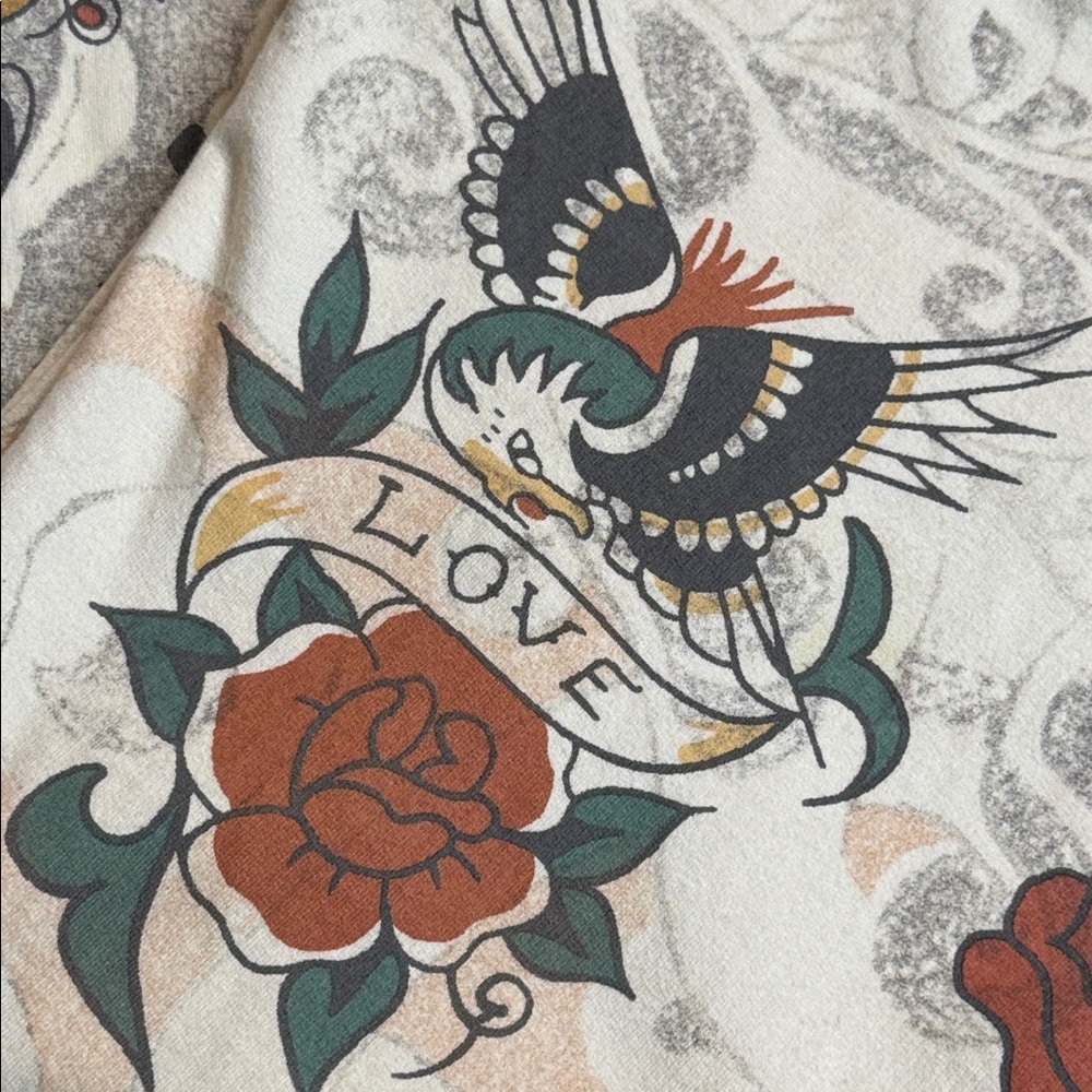 VINTAGE LUCKY BRAND TATTOO PRINT ED HARDY Y2K WIDE LEG SWEATPANTS **RARE** - Picture 5 of 12